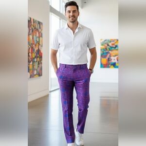 Hreski Mens Purple Blue Geometric Polyester Spandex Golf Pants Size 40 Zip